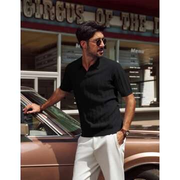 PJ PAUL JONES Men's Short Sleeve Polo Shirt - Classic V Neck Golf Top in Black