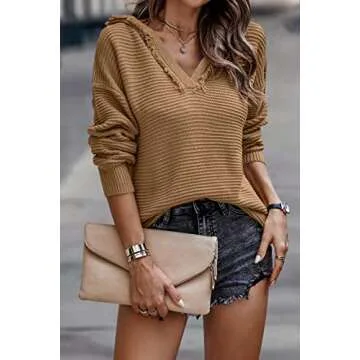 LILLUSORY Women's Plus Size Sweaters 2022 Fall Ribbed Knit V Neck Long Sleeve Hooded Hoodie Casual Shirts Pullover Tunic Tops Khaki