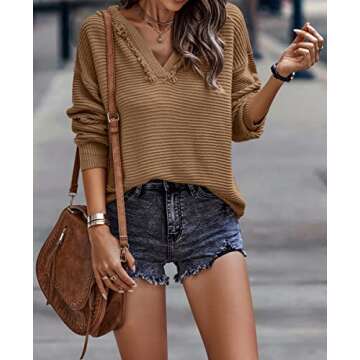 LILLUSORY Women's Plus Size Sweaters 2022 Fall Ribbed Knit V Neck Long Sleeve Hooded Hoodie Casual Shirts Pullover Tunic Tops Khaki