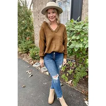 LILLUSORY Women's Plus Size Sweaters 2022 Fall Ribbed Knit V Neck Long Sleeve Hooded Hoodie Casual Shirts Pullover Tunic Tops Khaki