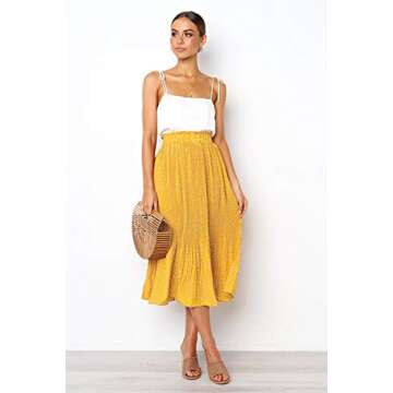 PRETTYGARDEN Women’s Fashion High Elastic Waist Polka Dot Printed Pleated Midi Vintage Skirts with Pockets (Yellow, Small)