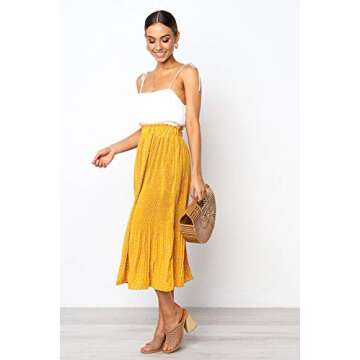 PRETTYGARDEN Women’s Fashion High Elastic Waist Polka Dot Printed Pleated Midi Vintage Skirts with Pockets (Yellow, Small)