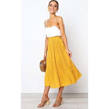 PRETTYGARDEN Women’s Fashion High Elastic Waist Polka Dot Printed Pleated Midi Vintage Skirts with Pockets (Yellow, Small)