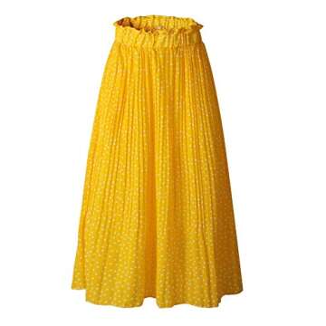 PRETTYGARDEN Women’s Fashion High Elastic Waist Polka Dot Printed Pleated Midi Vintage Skirts with Pockets (Yellow, Small)