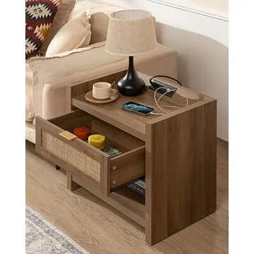 SICOTAS Night Stand Set of 2 - Rattan Nightstands with Charging Station