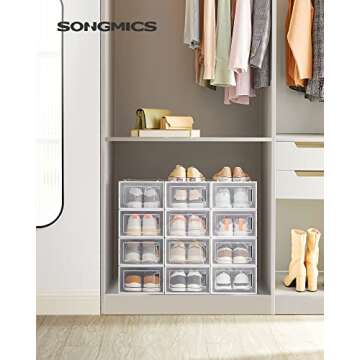 SONGMICS Shoe Boxes, Pack of 12 Shoe Storage Organizers, Stackable Clear Plastic Boxes for Closet, S...