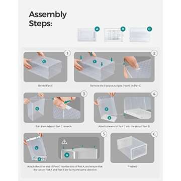SONGMICS Shoe Boxes, Pack of 12 Shoe Storage Organizers, Stackable Clear Plastic Boxes for Closet, Sneakers, 9.1 x 13.1 x 5.6 Inches, Fit up to US Size 11, Transparent and White ULSP12SWT