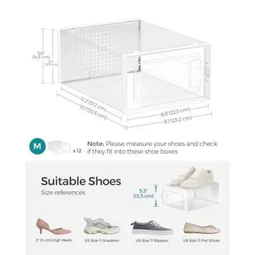 SONGMICS Shoe Boxes, Pack of 12 Shoe Storage Organizers, Stackable Clear Plastic Boxes for Closet, Sneakers, 9.1 x 13.1 x 5.6 Inches, Fit up to US Size 11, Transparent and White ULSP12SWT