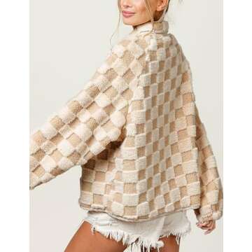 Yimoon Womens Oversized Checkered Sherpa Fleece Jacket Long Sleeve Button Down Winter Warm Fuzzy Jacket Outwear (Khaki-S)