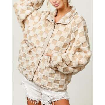 Yimoon Womens Oversized Checkered Sherpa Fleece Jacket Long Sleeve Button Down Winter Warm Fuzzy Jacket Outwear (Khaki-S)