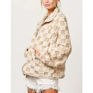 Yimoon Womens Oversized Checkered Sherpa Fleece Jacket Long Sleeve Button Down Winter Warm Fuzzy Jacket Outwear (Khaki-S)