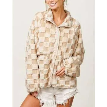 Yimoon Womens Oversized Checkered Sherpa Fleece Jacket Long Sleeve Button Down Winter Warm Fuzzy Jacket Outwear (Khaki-S)