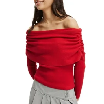 Women Y2K Off Shoulder Sweaters Classic Long Sleeve Solid Color Knit Pullover Slim Fit Tops Vintage ...