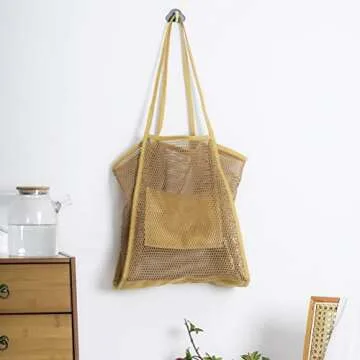 Covelin Women's Beach Tote Bag, Mesh Handbag Top-Handle Shoulder Bag Tan