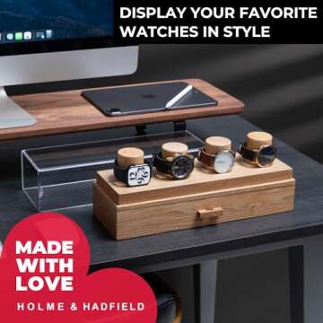 Holme & Hadfield Premium 4-Slot Wooden Watch Display Case with Lifetime Assurance – Handcrafted Men’s Watch Box with Accessory Drawer – Valentine's Day Gift for Collectors – Luxury Built to Last