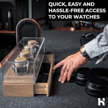 Holme & Hadfield Premium 4-Slot Wooden Watch Display Case with Lifetime Assurance – Handcrafted Men’s Watch Box with Accessory Drawer – Valentine's Day Gift for Collectors – Luxury Built to Last