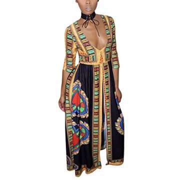 Aro Lora Women's African Print Deep V Neck 3/4 Sleeve High Slit Dashiki Long Maxi Dress Small Black