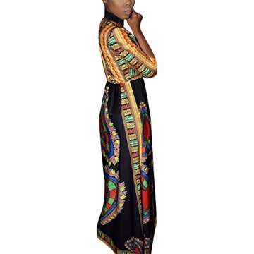 Aro Lora Women's African Print Deep V Neck 3/4 Sleeve High Slit Dashiki Long Maxi Dress Small Black
