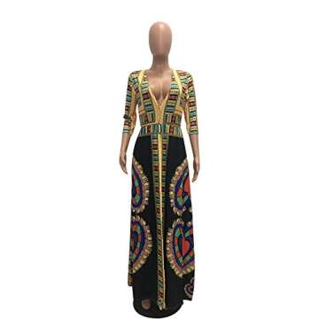 Aro Lora Women's African Print Deep V Neck 3/4 Sleeve High Slit Dashiki Long Maxi Dress Small Black