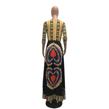 Aro Lora Women's African Print Deep V Neck 3/4 Sleeve High Slit Dashiki Long Maxi Dress Small Black
