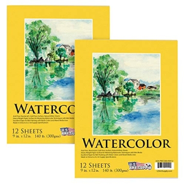 U.S. Art Supply 9" x 12" Premium Heavyweight Watercolor Painting Paper Pad, Pack of 2, 12 Sheets Eac...