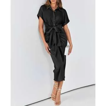 BTFBM Ruched Satin Shirt Dress - Elegant Summer Maxi