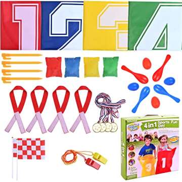 GOLDGE 28 Piece Outdoor Games Kit for Kids, Includes Potato Sack Race Bags, Bean Bag Toss, 3 Legged ...