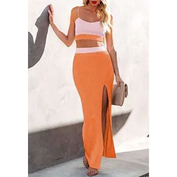 Cutiefox Skirt Sets for Women Knitted Crop Top Side Slit Midi Skirt 2 Piece Sweater Dress Colorblock Orange M