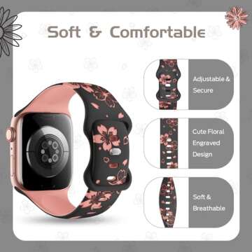 TreasureMax Designer Floral Engraved Band Compatible with Apple Watch Bands 40mm 38mm 41mm 44/45/42mm,Two-Tone Flower Soft Silicone Sport Strapfor iWatch Series 10 9 Ultra SE 8 7 6 5 4 3 2 Women Black