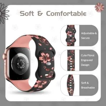 TreasureMax Designer Floral Engraved Band Compatible with Apple Watch Bands 40mm 38mm 41mm 44/45/42mm,Two-Tone Flower Soft Silicone Sport Strapfor iWatch Series 10 9 Ultra SE 8 7 6 5 4 3 2 Women Black