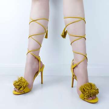 AMARANTOS Women's Fringe High Heel Sandals Open Toe Stiletto Tassels Sandals Ladies Fashion Strappy Heeled Sandals Yellow Size10.5