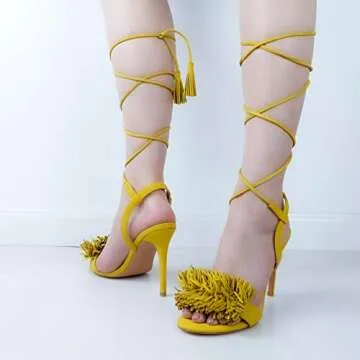 AMARANTOS Women's Fringe High Heel Sandals Open Toe Stiletto Tassels Sandals Ladies Fashion Strappy Heeled Sandals Yellow Size10.5