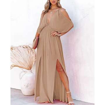 DEEP SELF Women's Summer V Neck Split Cold Shoulder Maxi Dress Short Sleeve Backless Split Long Maxi Dress Khaki