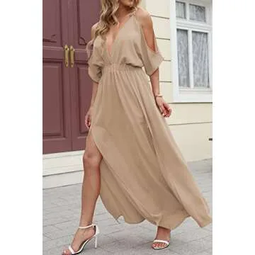 DEEP SELF Women's Summer V Neck Split Cold Shoulder Maxi Dress Short Sleeve Backless Split Long Maxi Dress Khaki