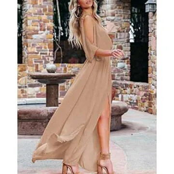 DEEP SELF Women's Summer V Neck Split Cold Shoulder Maxi Dress Short Sleeve Backless Split Long Maxi Dress Khaki