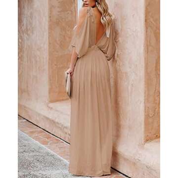 DEEP SELF Women's Summer V Neck Split Cold Shoulder Maxi Dress Short Sleeve Backless Split Long Maxi Dress Khaki