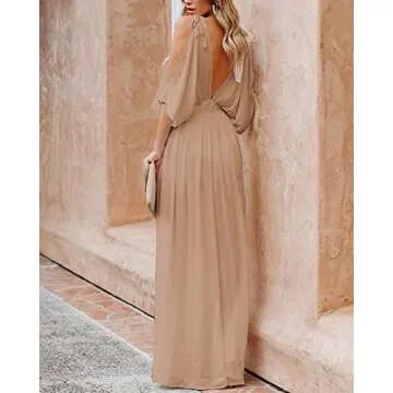 DEEP SELF Women's Summer V Neck Split Cold Shoulder Maxi Dress Short Sleeve Backless Split Long Maxi Dress Khaki