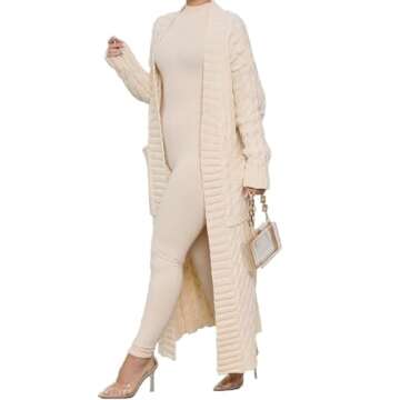 LIVECLOTH Long Sweaters for Women Cardigan Open Front Long Sleeve Plus Size Chunky Cable Knit Duster Cardigans with Pockets Winter Coat, Women's Extra Long Ankle Length Sweater (White, M)