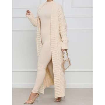 LIVECLOTH Long Sweaters for Women Cardigan Open Front Long Sleeve Plus Size Chunky Cable Knit Duster Cardigans with Pockets Winter Coat, Women's Extra Long Ankle Length Sweater (White, M)