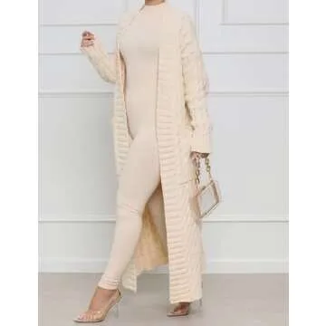 LIVECLOTH Long Sweaters for Women Cardigan Open Front Long Sleeve Plus Size Chunky Cable Knit Duster Cardigans with Pockets Winter Coat, Women's Extra Long Ankle Length Sweater (White, M)