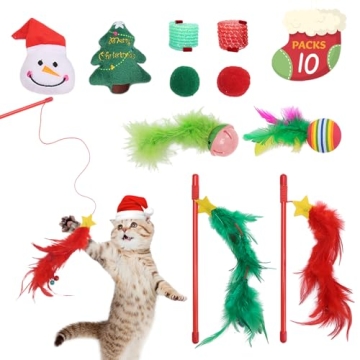 BINTPET Christmas Cat Wand Toy Set for Active Felines