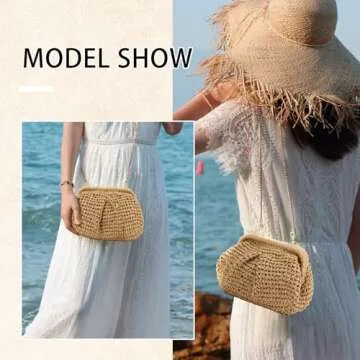 GOKTOW Straw Dumpling Clutch Purse,Summer Vacation Beach Crossbody Bag for Women,Raffia Wicker Rattan Woven Clutch