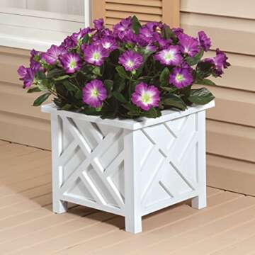 Miles Kimball 329156 Chippendale Planter Box, Plant Holder for Patio and Lawn, 14 ¾” sq. x 13 ¼ H Overall, White