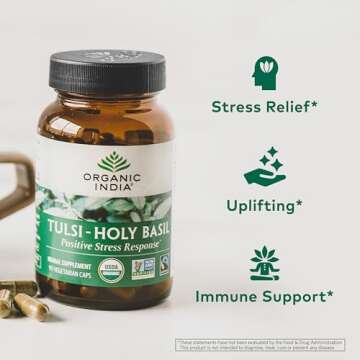 Organic India Tulsi Holy Basil Capsules - Holy Basil Extract - Holy Basil Leaf Supplement, Herbal Supplement, Immune Support, Stress Relief, Vegan, Gluten-Free, Kosher, Organic, Non-GMO - 180 Capsules