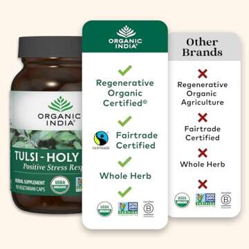 Organic India Tulsi Holy Basil Capsules - Holy Basil Extract - Holy Basil Leaf Supplement, Herbal Supplement, Immune Support, Stress Relief, Vegan, Gluten-Free, Kosher, Organic, Non-GMO - 180 Capsules
