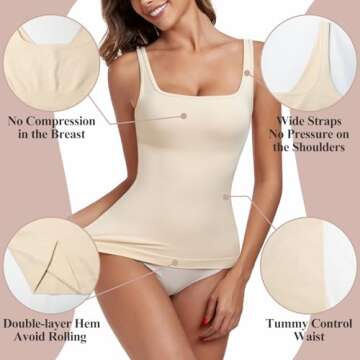 imisic Women's Tummy Control Shapewear Tank Tops Seamless Square/V Neck Compression Body Shaper Camisole Nude L