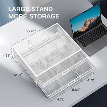 HUANUO Monitor Stand Riser with Drawer - Mesh Metal Desk Organizer PC, Laptop, Notebook, Printer Holder with Pull Out Storage Drawer (White)