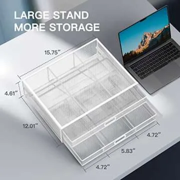 HUANUO Monitor Stand Riser with Drawer - Mesh Metal Desk Organizer PC, Laptop, Notebook, Printer Holder with Pull Out Storage Drawer (White)