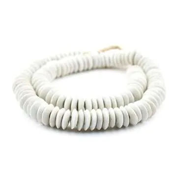 TheBeadChest Ashanti Fair Trade Glass Saucer Beads - African Tribal Ethnic Disk Rondelle Spacers (White)