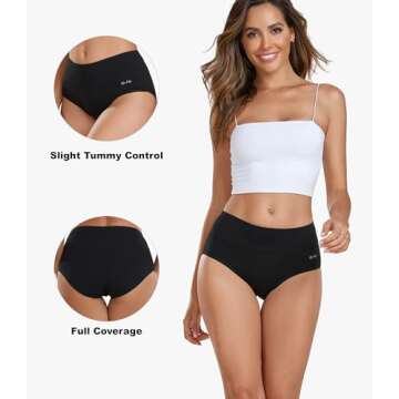 coskefy Womens Cotton Underwear High Rise Full Coverage Briefs Breathable Stretch Black Panties 5 Pa...